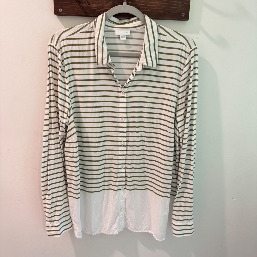 J.‎ Jill Womens Striped Button Down Shirt Olive Green White 100% Rayon Large
